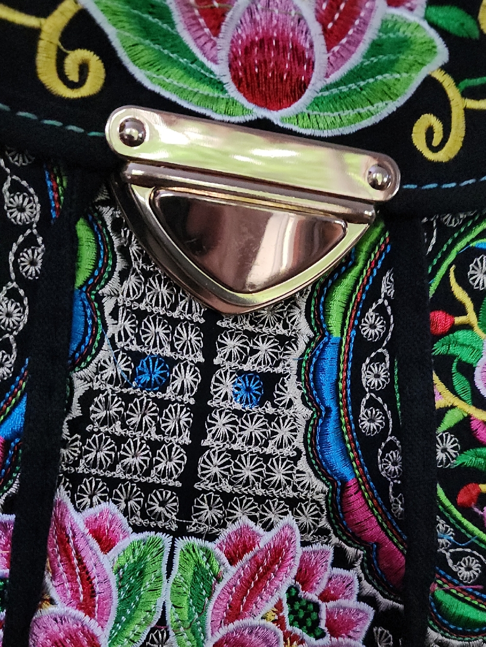 Bohemian Embroidered Rose Backpack Black Trim Multicolored Boho Gold Clasp - Picture 2 of 4